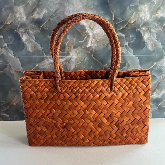 Orange Straw Wicker Woven Tote Bag with Double Handles - Picture 1 of 6